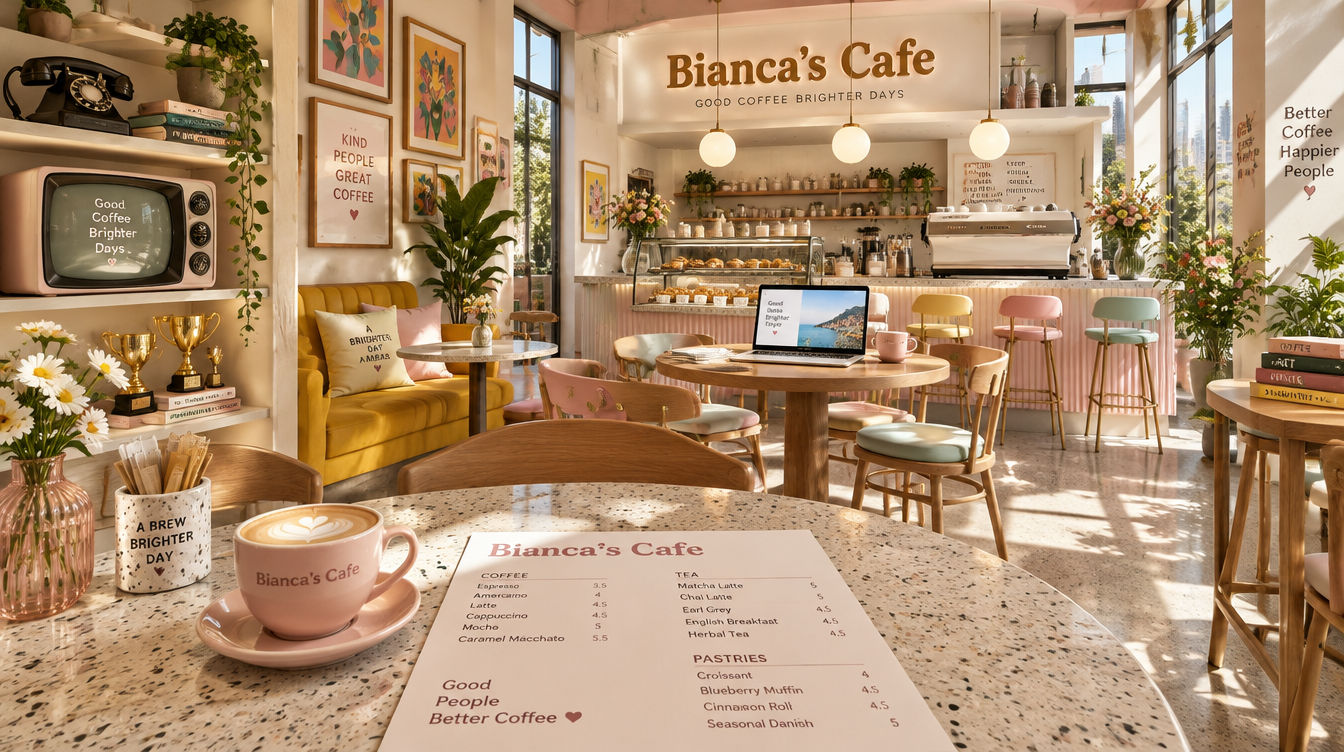 陽だまりのBianca’s Cafe。棚には黒電話、テレビ、トロフィー、テーブルにはパソコンとメニュー。